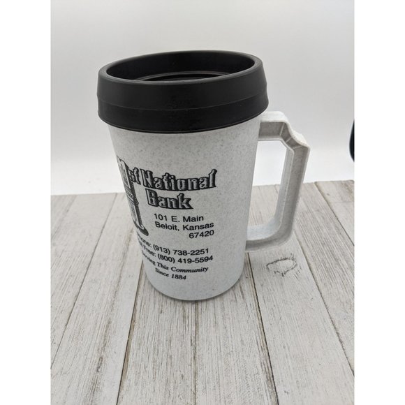 Vintage Thermal Black Gray 24oz Large Insulated Mug Cup Thermos w/Lid Bank Ads B - Picture 3 of 6